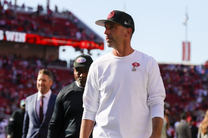 Oct 1, 2023; Santa Clara, California, USA; San Francisco 49ers head coach Kyle Shanahan walks off the field after the game against the Arizona Cardinals at Levi's Stadium.